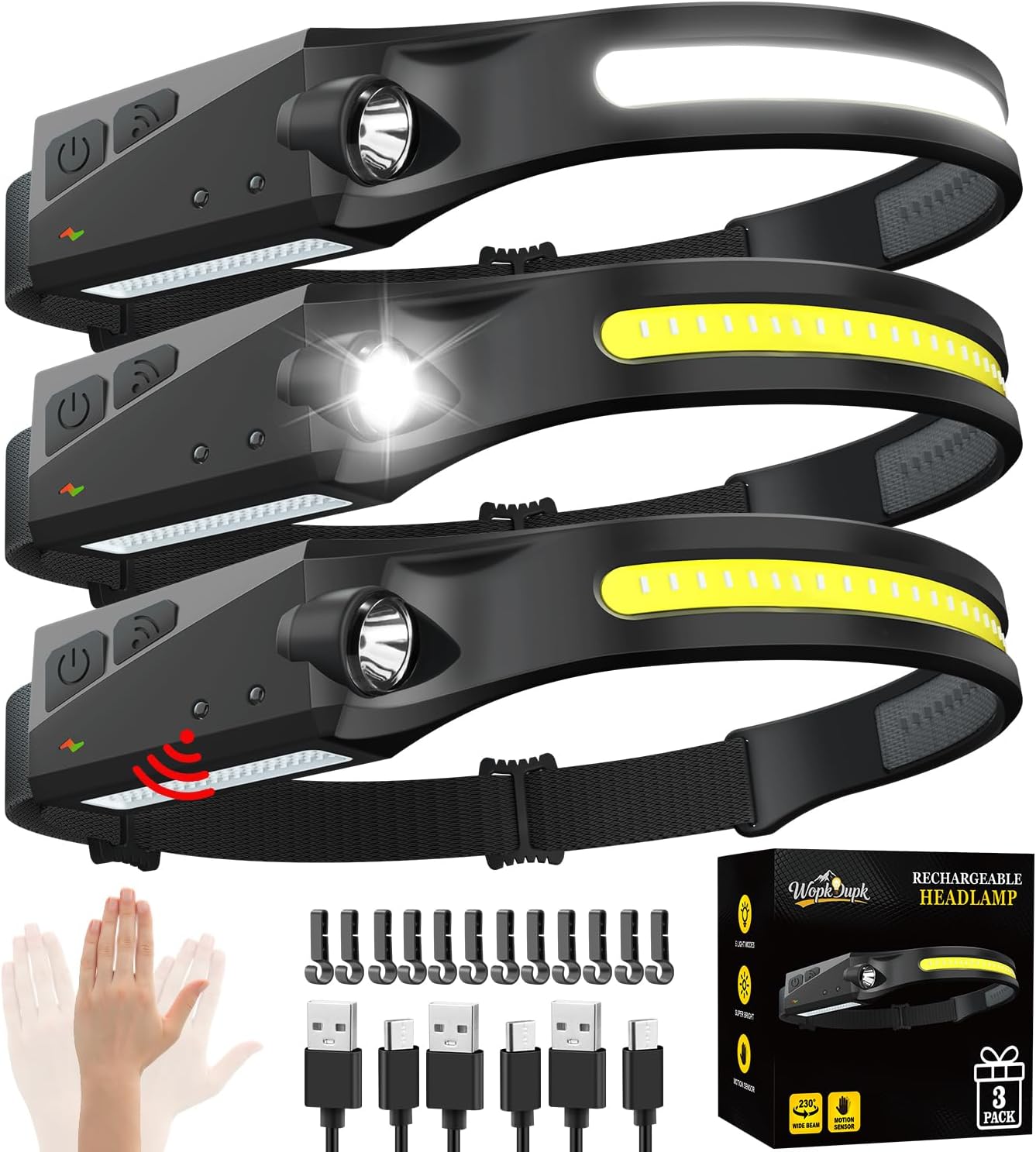 Rechargeable Headlamp 3PCS, 230° LED Head Lamp, Head Lights for Forehead