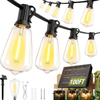 100FT Solar String Lights Outdoor Waterproof with Remote & Timer, LED Shatterproof ST38 Bulbs, USB & Solar Powered Patio Lights for Backyard, Porch, Garden, Wedding Decor, Dusk to Dawn Lighting